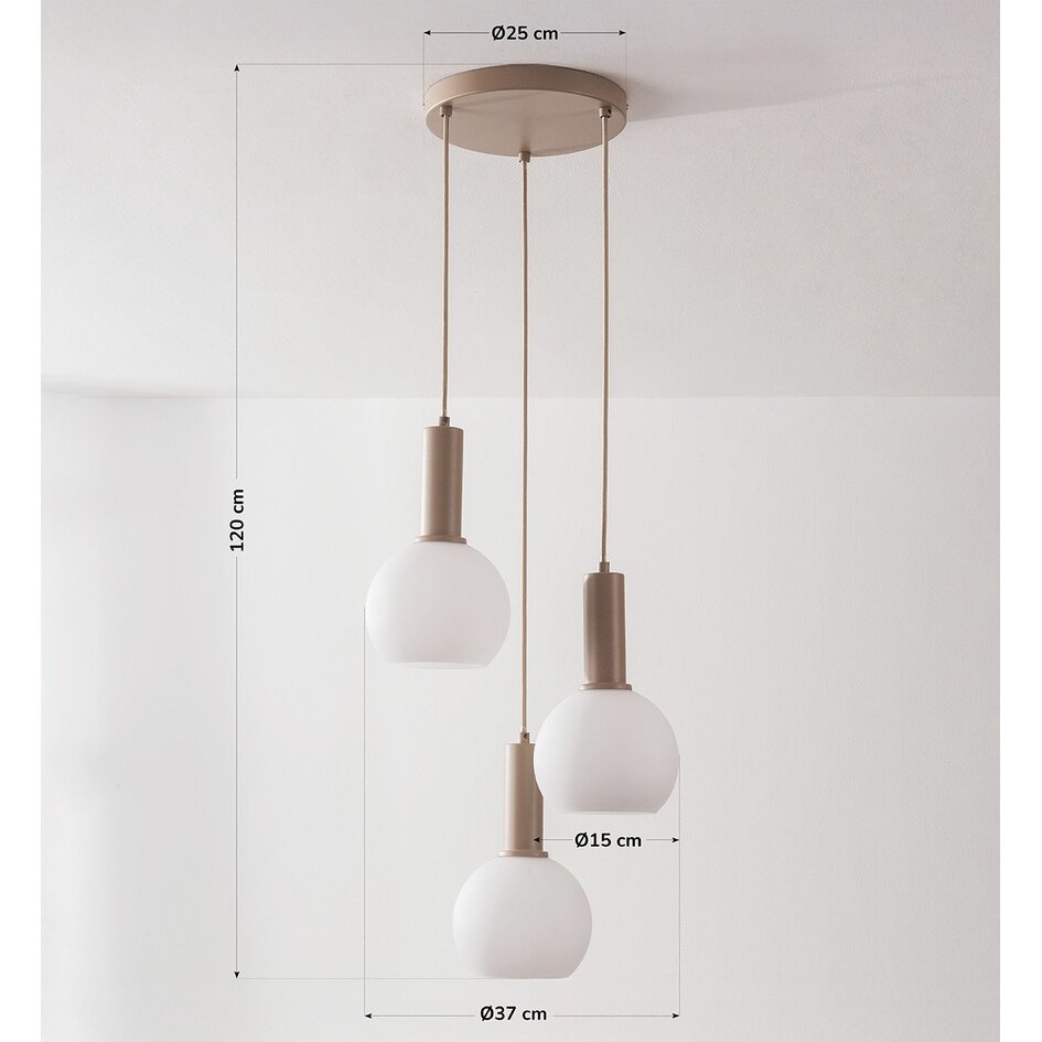 Suspension Imme 3 lumières beige avec abat-jours en verre blanc laiteux