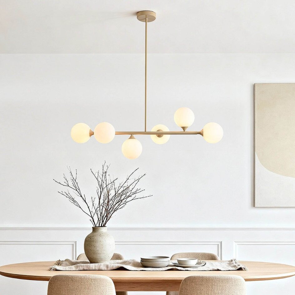 Suspension design Aster - beige avec verre blanc laiteux, 6 lumières