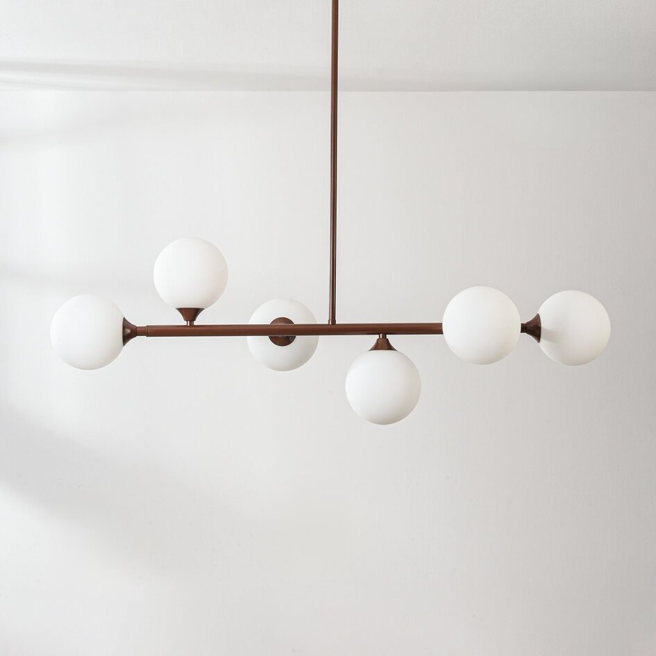 Suspension design Aster - brun avec verre blanc laiteux, 6 lumières