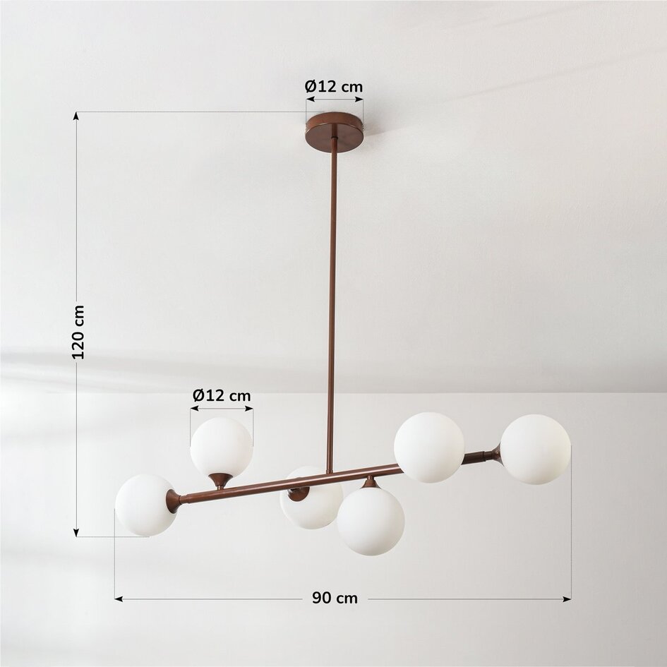 Suspension design Aster - brun avec verre blanc laiteux, 6 lumières