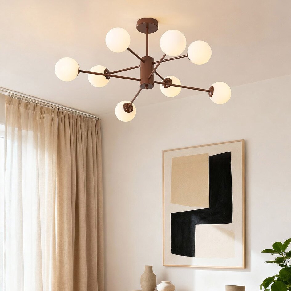 8-lichts plafondlamp Idaho - bruin met melkwit glas
