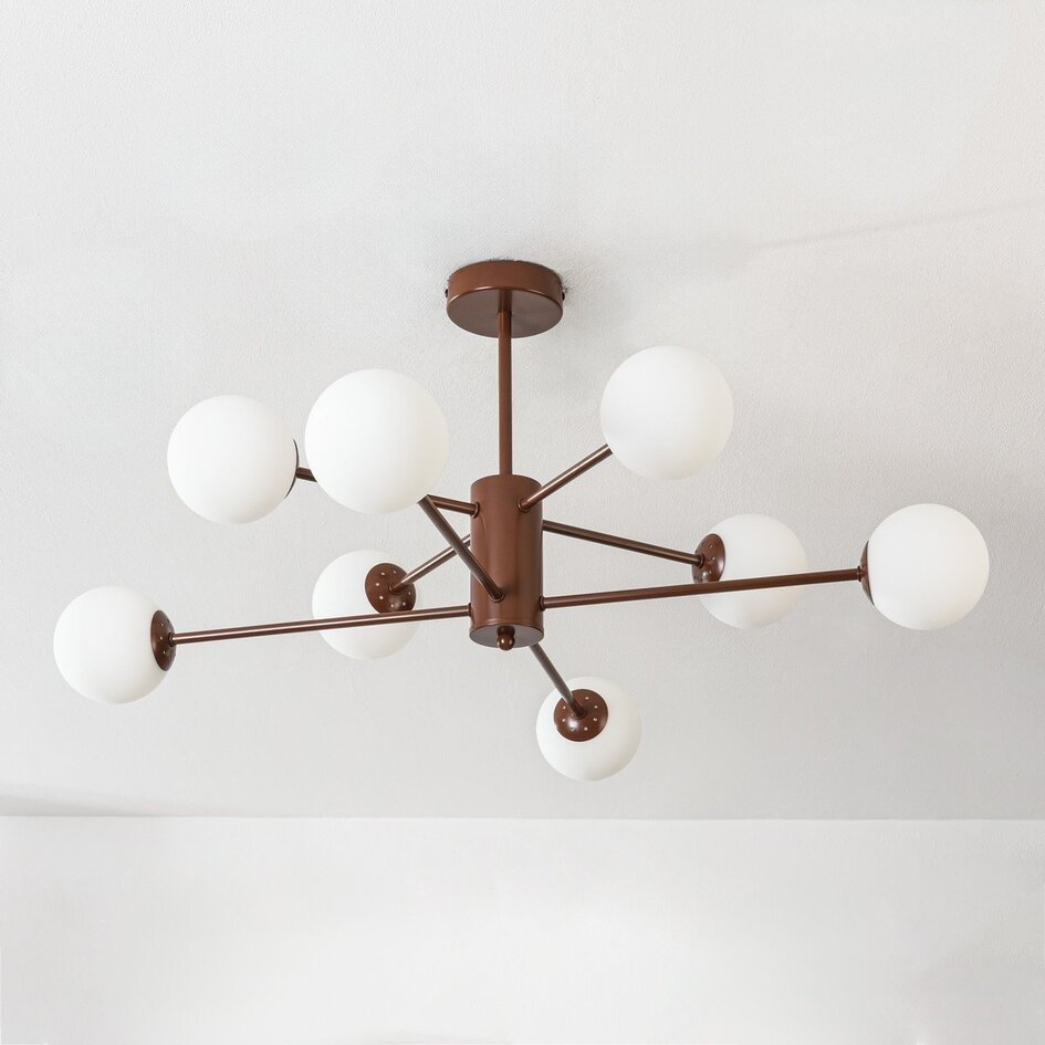 8-lichts plafondlamp Idaho - bruin met melkwit glas