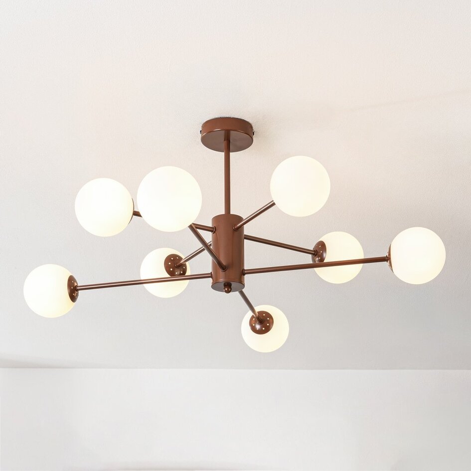 Suspension design Idaho - brun avec verre blanc laiteux, 8 lumières