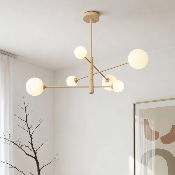 6-lichts plafondlamp Sest - beige met melkwit glas