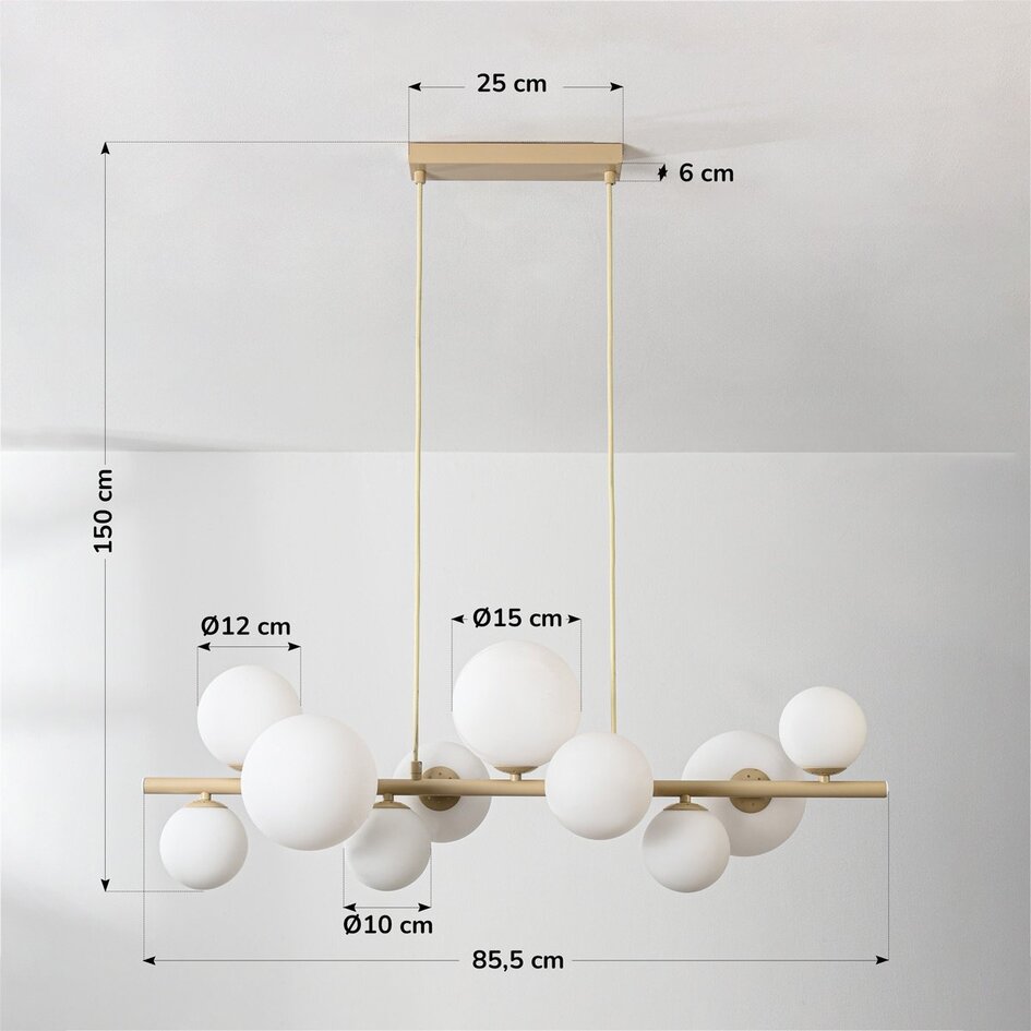 Suspension design Deka beige avec verre blanc laiteux, 10 lumières