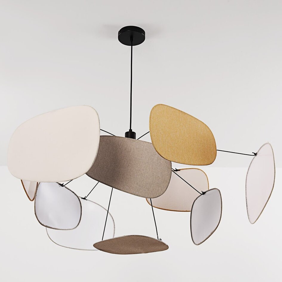 Design hanglamp Zandor met luchtige linnen kappen in zachte, warme tinten