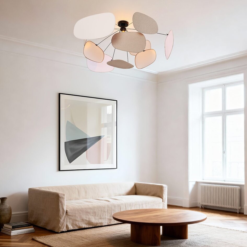 Plafondlamp Zandor met linnen kappen in wit en lichtgrijs