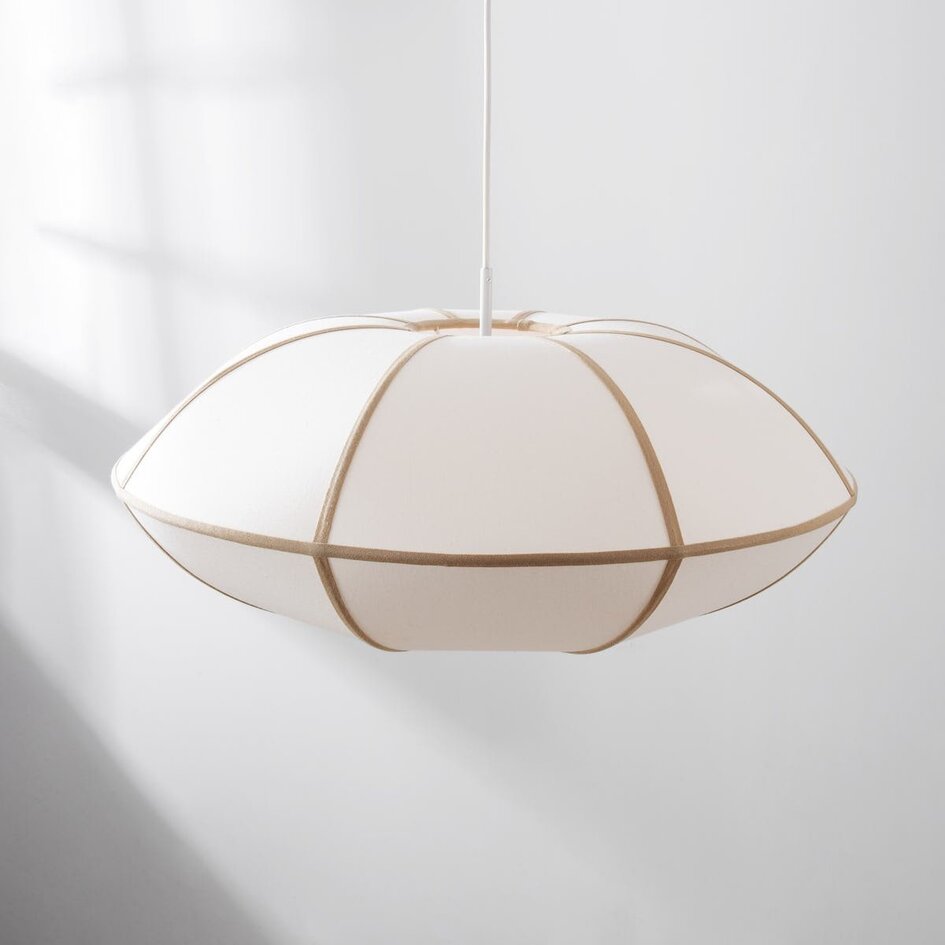 Lampe suspendue moderne Ovala avec abat-jour en lin beige et accents bruns Ø70 cm