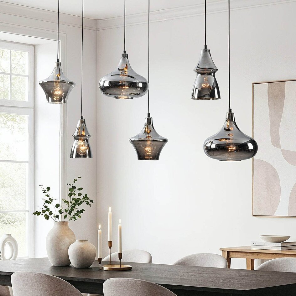 Industriële hanglamp Calypso zwart met zes smoke glazen kappen