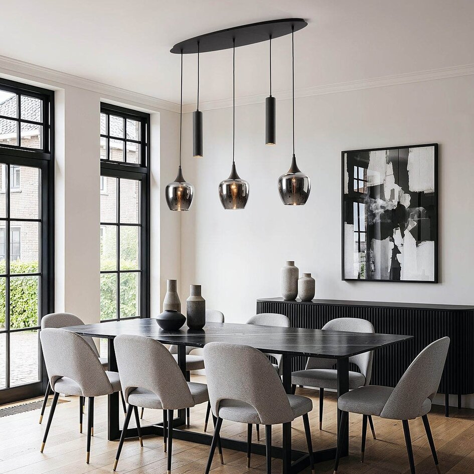 5-lichts hanglamp Eloi met drie rookglazen kappen en twee GU10 spots