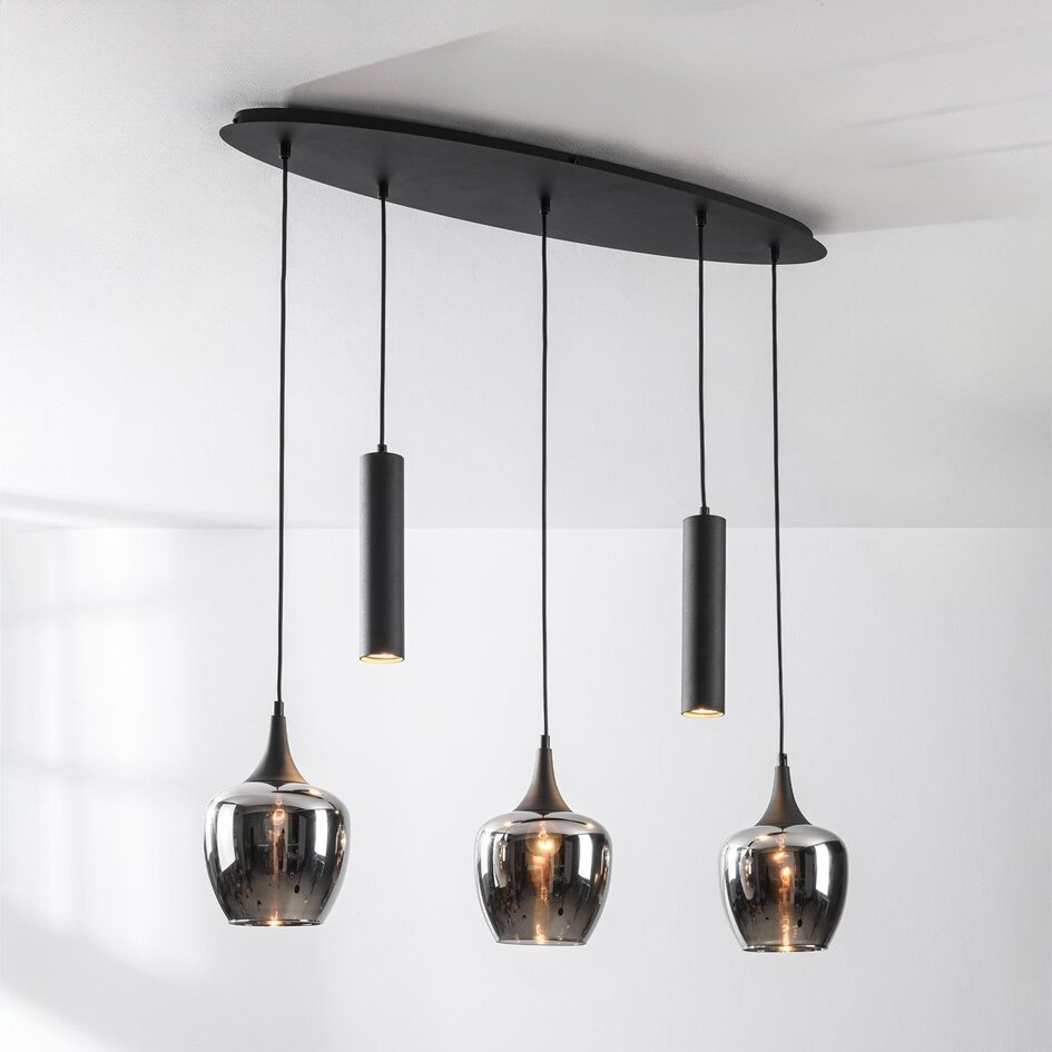 Suspension Eloi à 5 lumières avec trois abat-jours en verre fumé et deux spots GU10