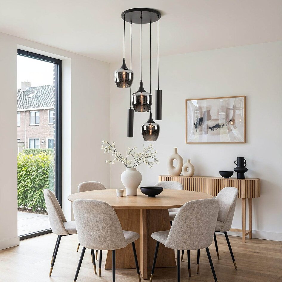 Industriële hanglamp Téo met twee GU10 spots en drie rookglazen kappen