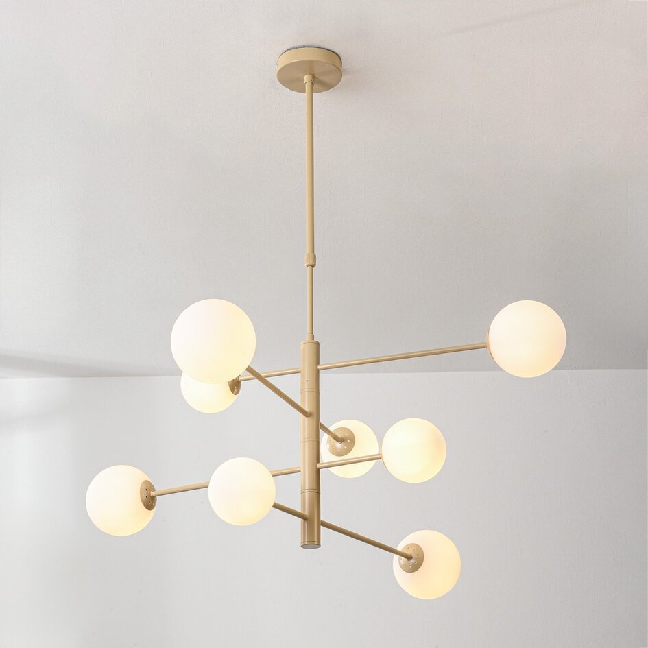 8-lichts plafondlamp Oito - beige met melkwit glas, draaibaar