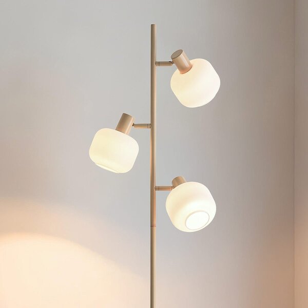 Lampadaire Jesse beige avec verre blanc laiteux, 3 lumières