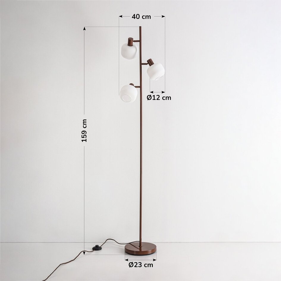 Staande lamp Jesse bruin met melkwit glas, 3-lichts