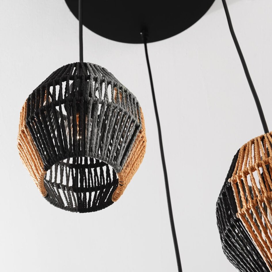 Hanglamp Lumra van touw in zwart en naturel – 3-lichts