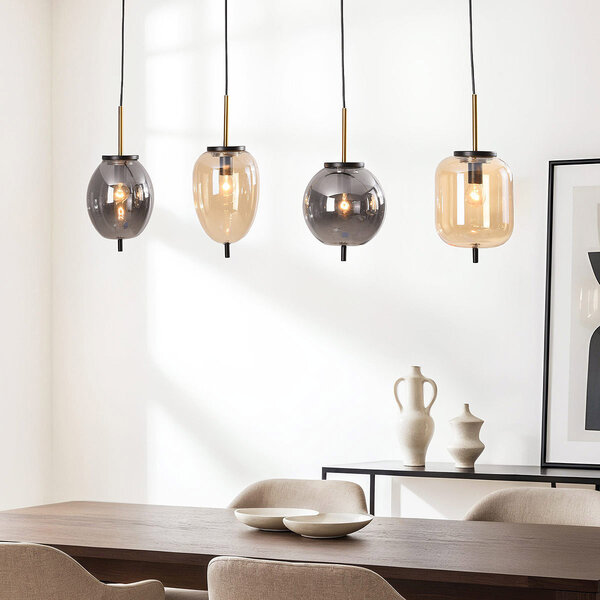 Suspension à 4 lumières Delia avec verre fumé et verre ambré et accents dorés
