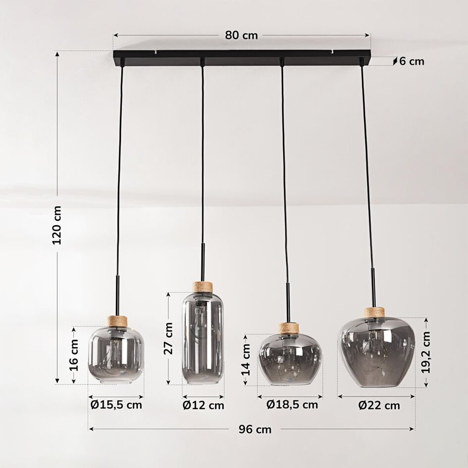 Suspension Astra à 4 lumières - verre fumé et accents en corde