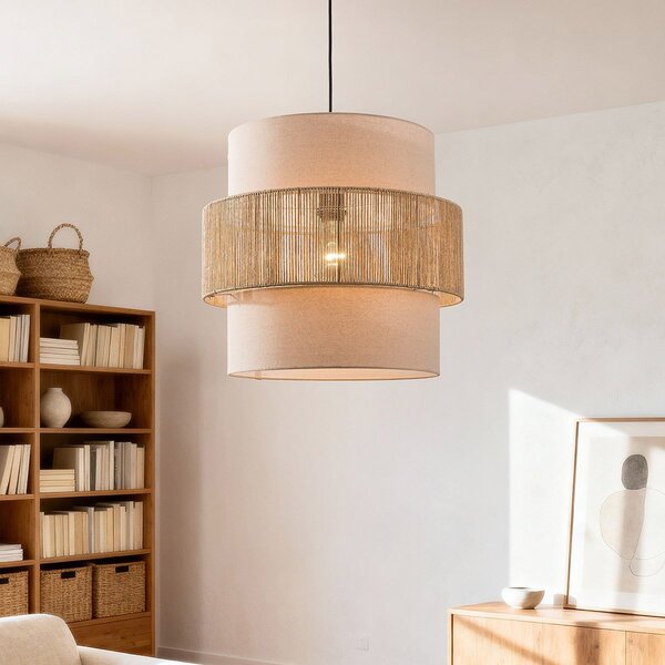 Boho hanglamp Nyra - beige textiel met gevlochten koord