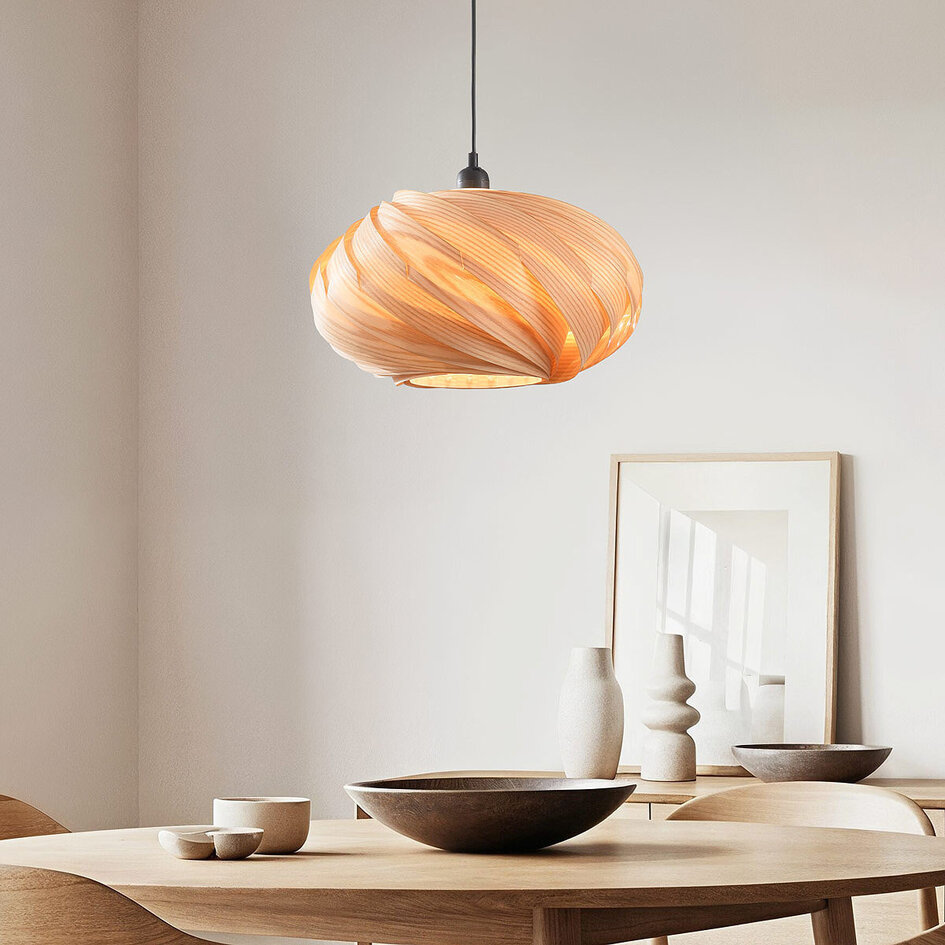 Lampe suspendue design Sorella avec abat-jour en bois brun clair