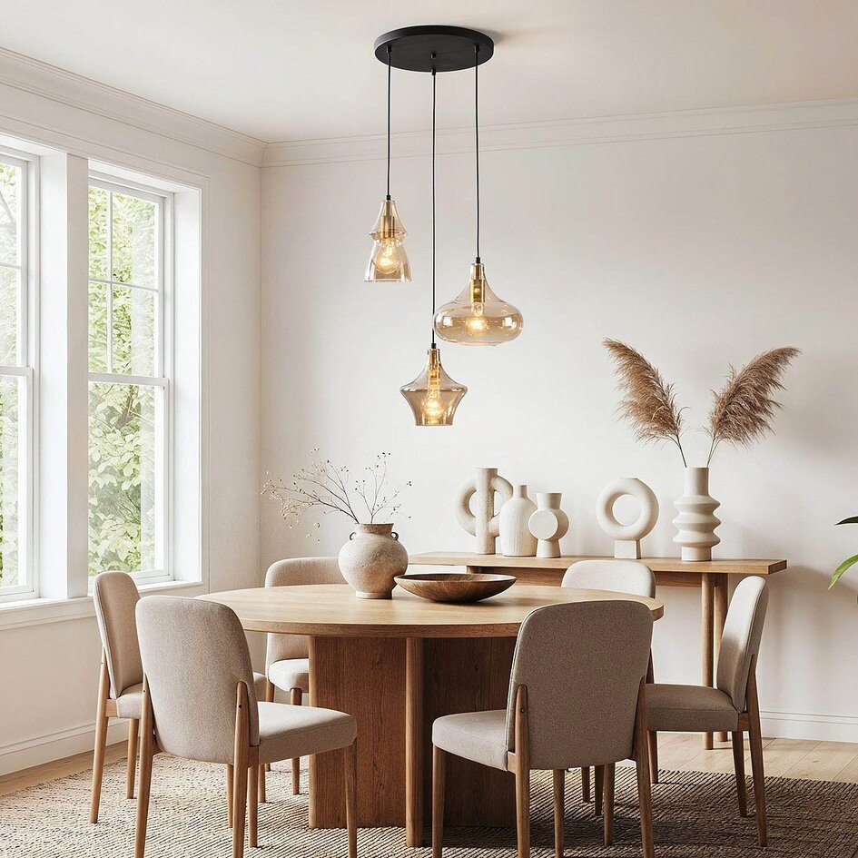 Suspension design Calypso à 3 lumières avec abat-jours en verre ambré