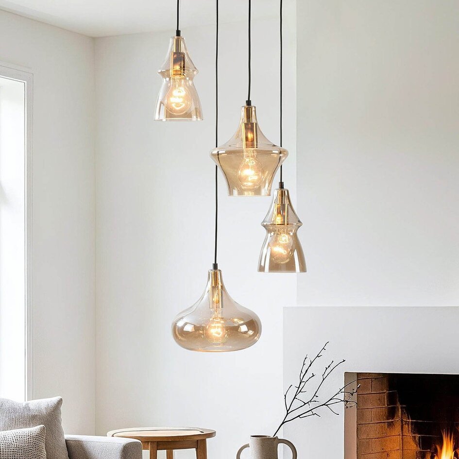 Retro design hanglamp Calypso met vier amber glazen kappen