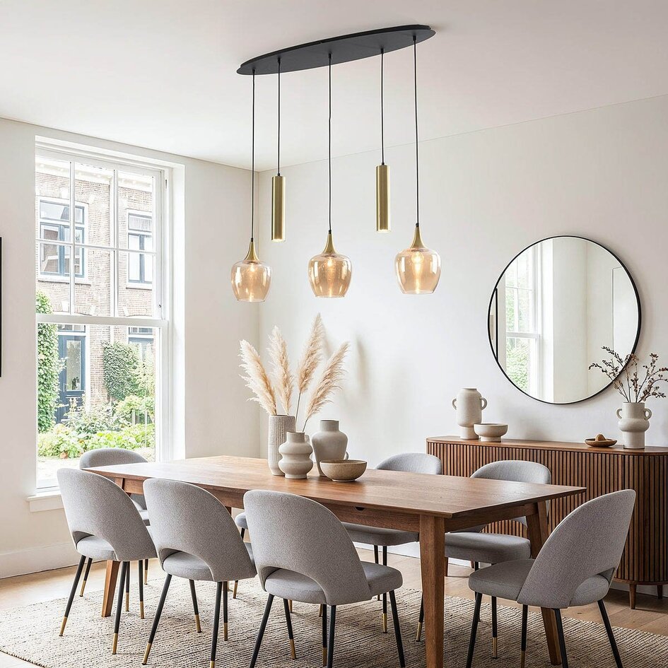 Suspension moderne Eloi avec deux spots GU10 dorés et abat-jours en verre ambré, 5 lumières