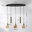 Moderne hanglamp Eloi met twee gouden GU10 spots en drie amber glazen kappen, 5-lichts