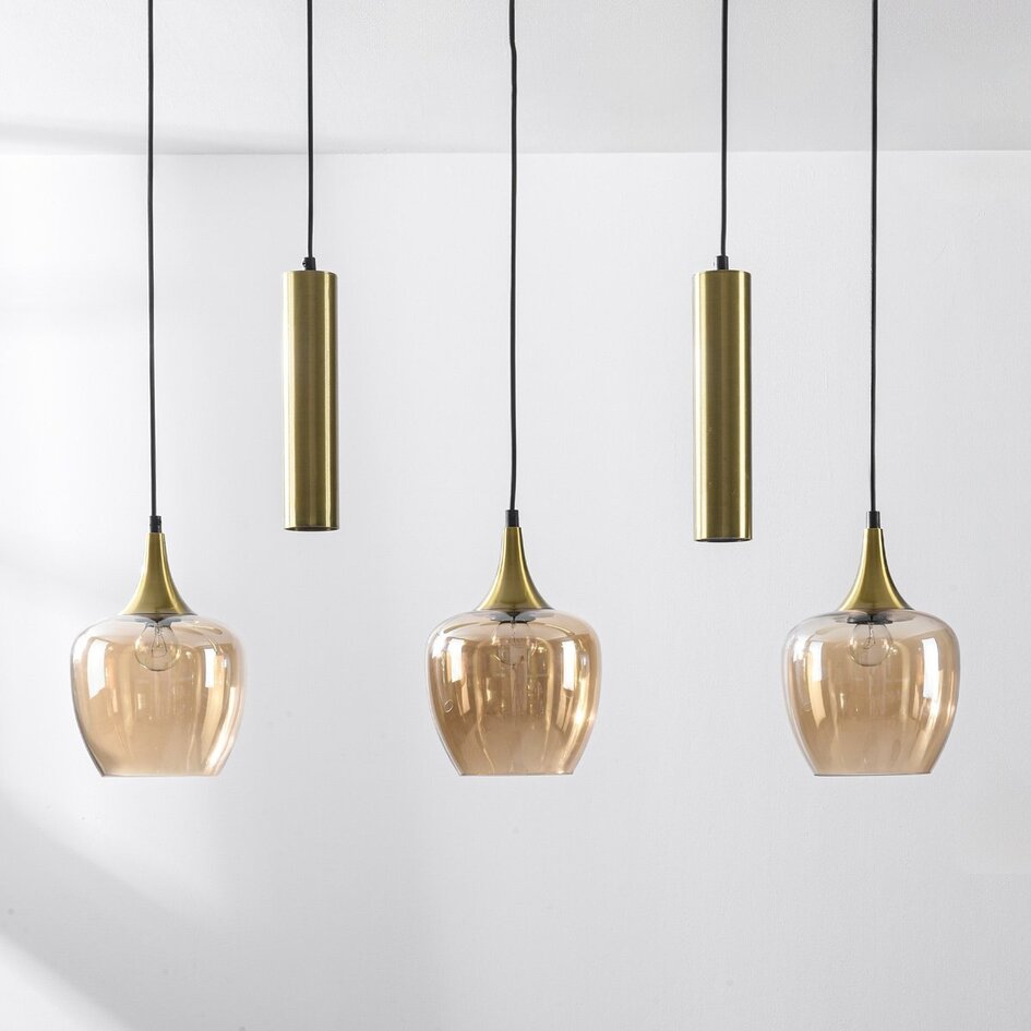 Suspension moderne Eloi avec deux spots GU10 dorés et abat-jours en verre ambré, 5 lumières