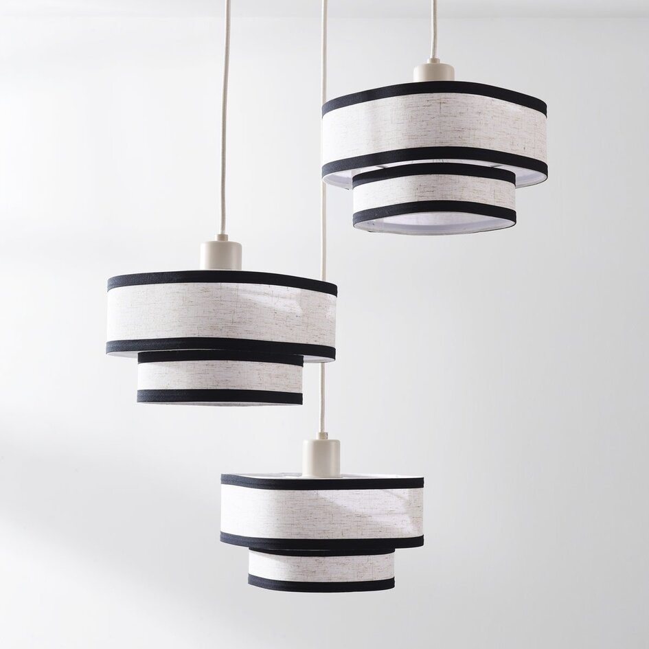 Suspension Luxin à 3 lumières - doubles abat-jour en lin blanc cassé et noir