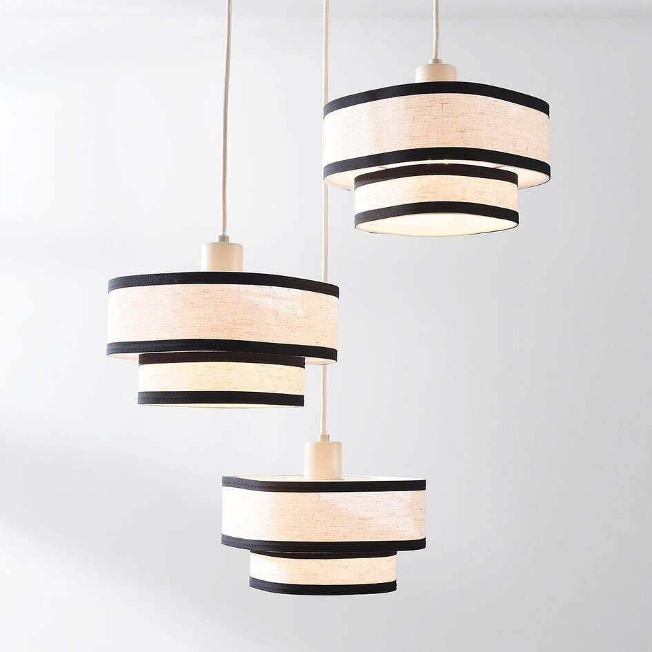 Suspension à 3 lumières Luxin avec double abat-jour en lin – blanc cassé avec accents noirs