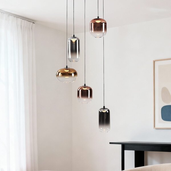 3-staps dimbare hanglamp Kafei met LED en glazen kappen in goud, smoke en koper