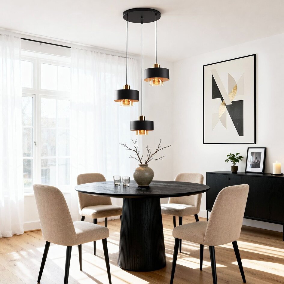 Suspension à 3 lumières Ferra en noir avec verre ambré et détails en laiton