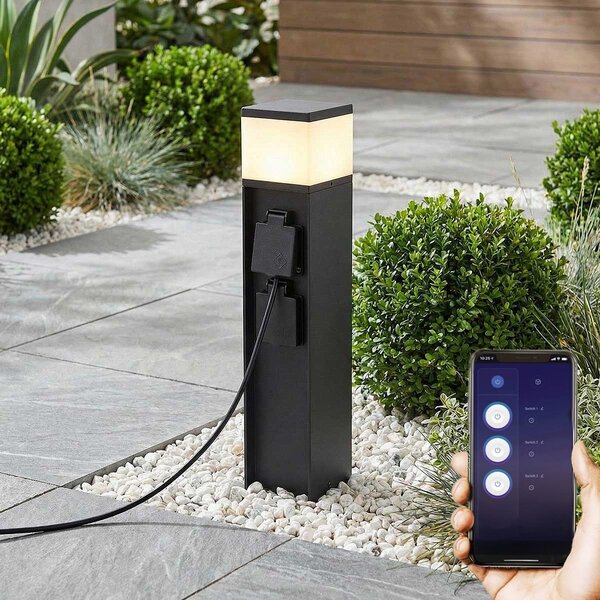 Lampe d'extérieur intelligente avec prise électrique et application Tuya Ute – noire, avec diffuseur et 2 prises électriques
