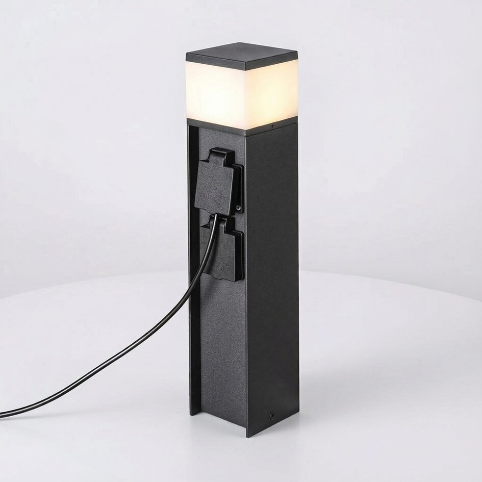 Lampe d'extérieur intelligente avec prise électrique et application Tuya Ute – noire, avec diffuseur et 2 prises électriques