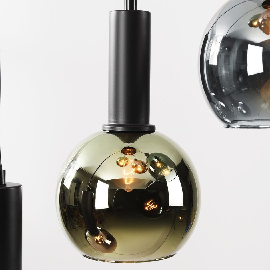 5-lichts design hanglamp Imme met grijsblauw smoke-, groen- en koperglas