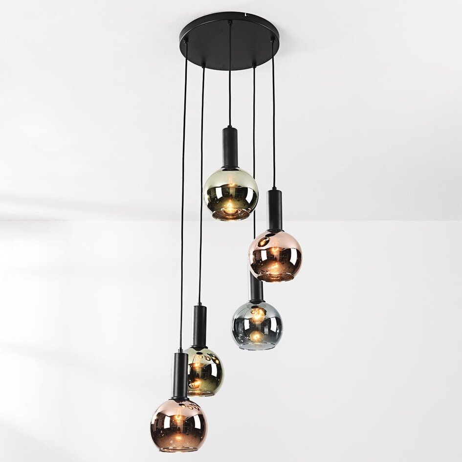 5-lichts design hanglamp Imme met grijsblauw smoke-, groen- en koperglas
