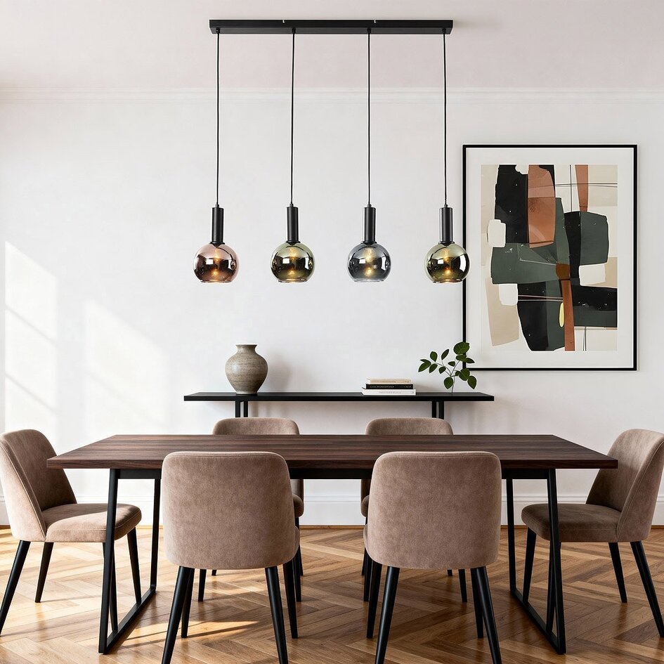 4-lichts hanglamp Imke met grijsblauw smoke-, groen- en koperglas