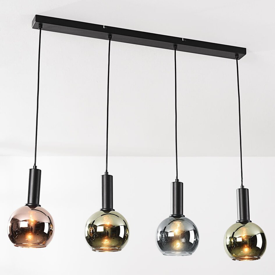 4-lichts hanglamp Imke - grijsblauw smoke, groen en koperglas