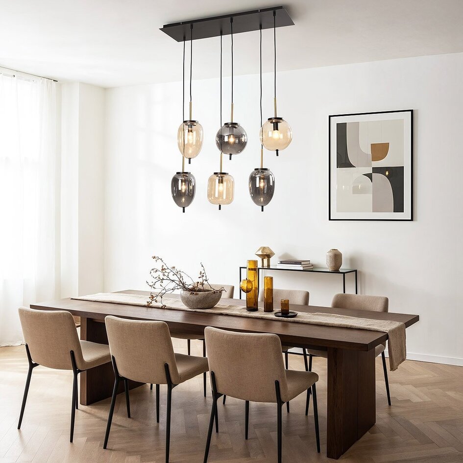 Suspension à 6 lumières Phora avec verre fumé et verre ambré et accents dorés