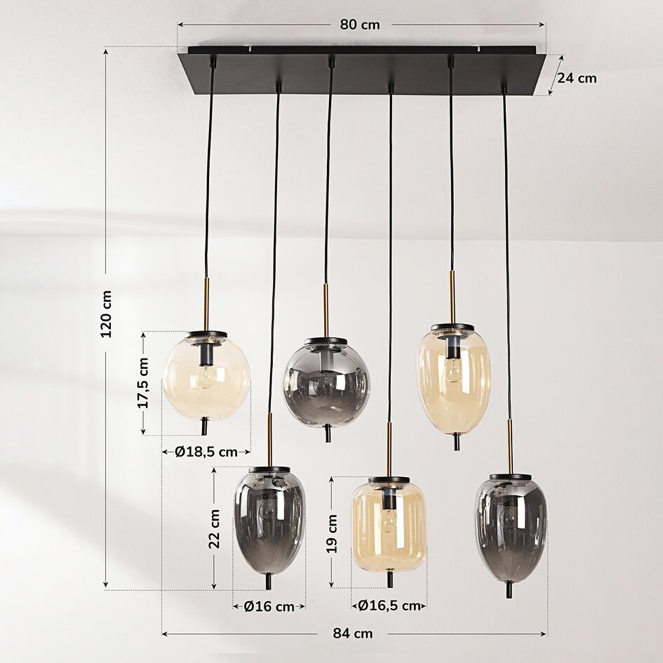 6-lichts hanglamp Phora met smoke- en licht amber glas en gouden accenten