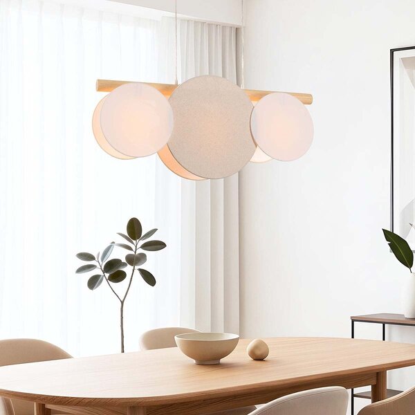 3-lichts moderne hanglamp Zenna – natuurlijk linnen met hout en witte accenten