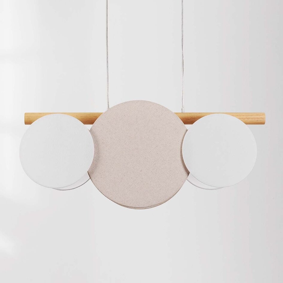 Suspension moderne à 3 lumières Zenna – lin naturel avec accents bois et blancs