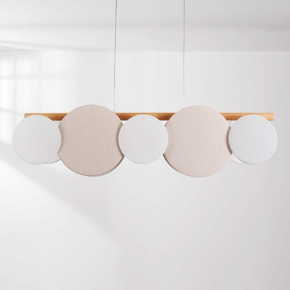 Suspension à 5 lumières Zenner – lin naturel avec accents bois et blancs