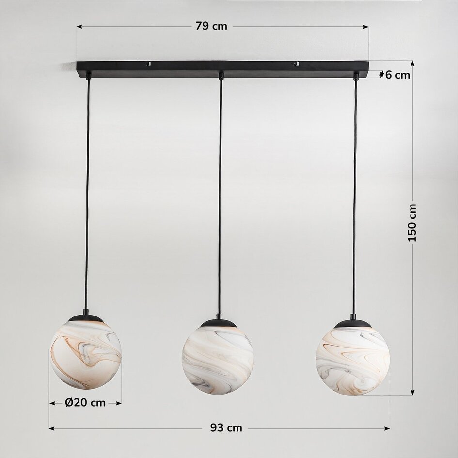Hanglamp Marbelle 3-lichts met marmerlook glas – zwart