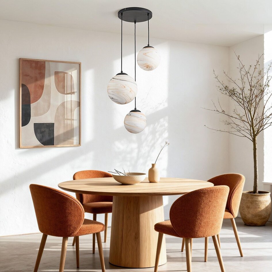 Suspension design Marbelle noire avec verre aspect marbre – 3 lumières