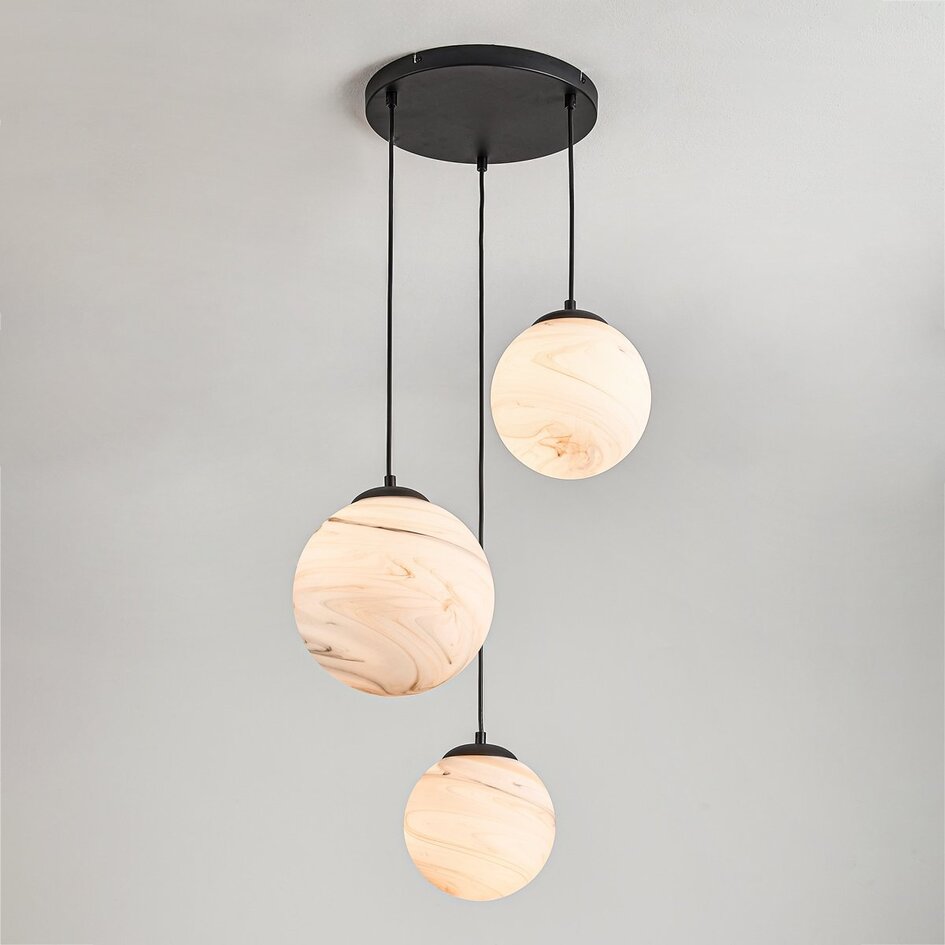 Design hanglamp Marbelle zwart met marmerlook glas – 3-lichts