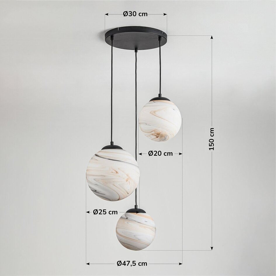 Design hanglamp Marbelle zwart met marmerlook glas – 3-lichts
