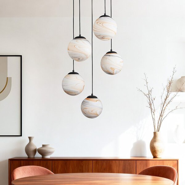 Suspension moderne à 5 lumières Marbelle noir avec verre aspect marbre