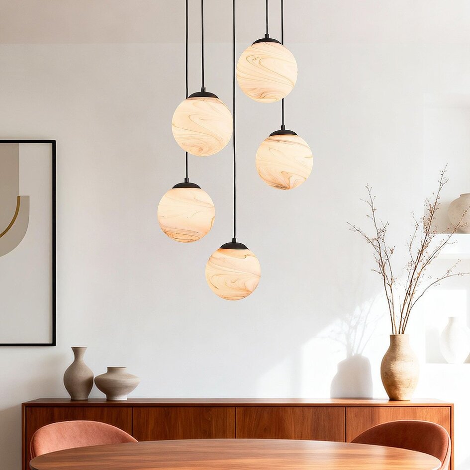 5-lichts moderne hanglamp Marbelle zwart met marmerlook glas